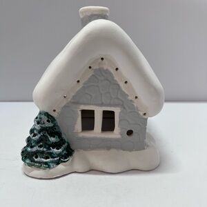 Ceramic Christmas Snow Cottage Figurine – White Winter House with Pine Tree